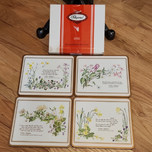 Pimpernel Botanical Illustration Placemats Set Floral Shakespeare Quotes Vintage - Picture 1 of 16
